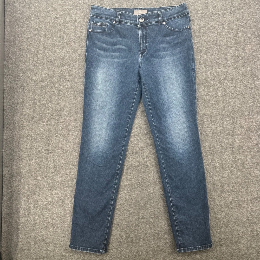 Chicos So Slimming Medium Wash Rhinestone Embellished Jeans Size 8 Womens Long